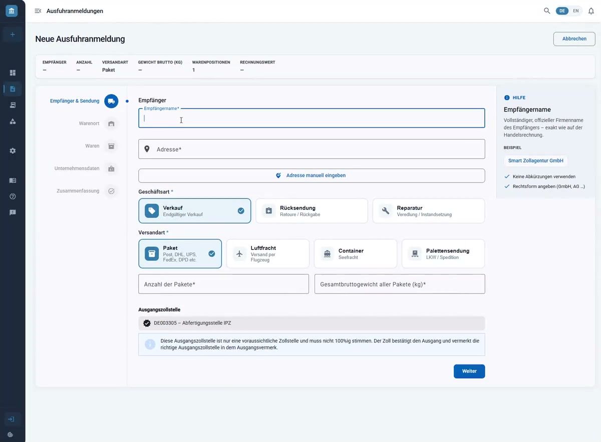 Der Assistent für eine neue Ausfuhranmeldung im Smart-Zoll-Portal