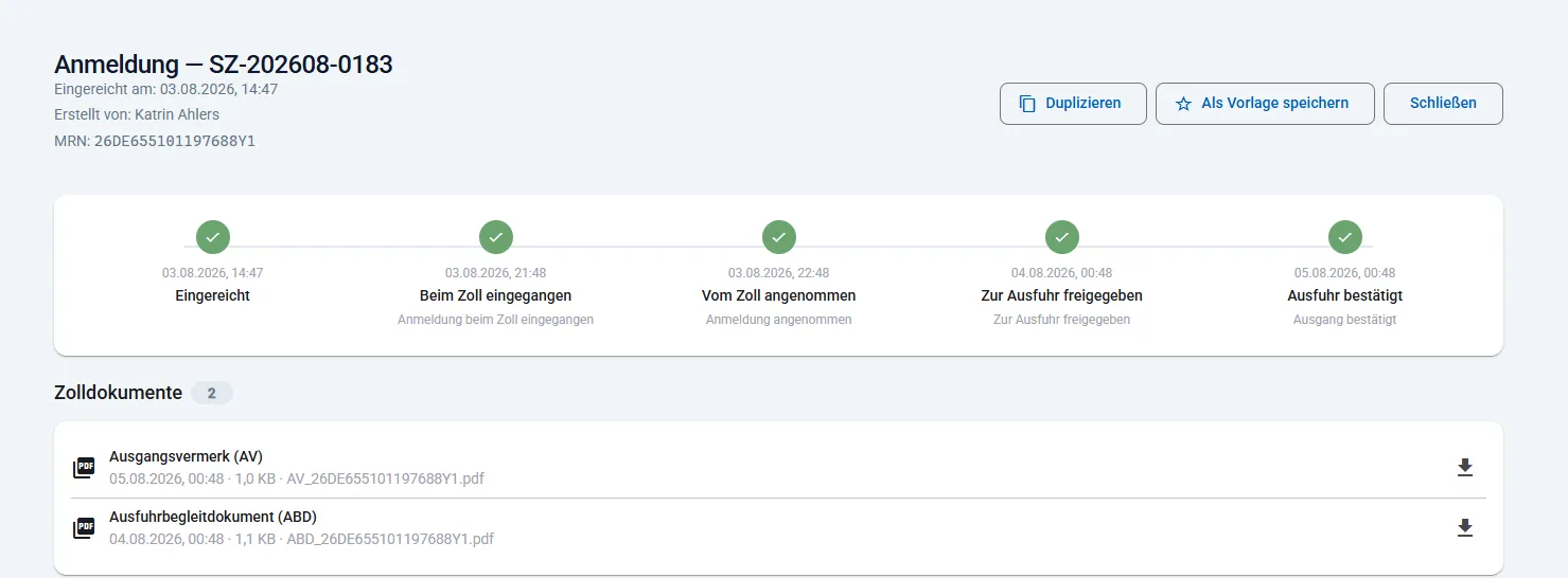Statusverlauf einer Ausfuhranmeldung mit LRN, MRN und Download von Ausgangsvermerk und Ausfuhrbegleitdokument
