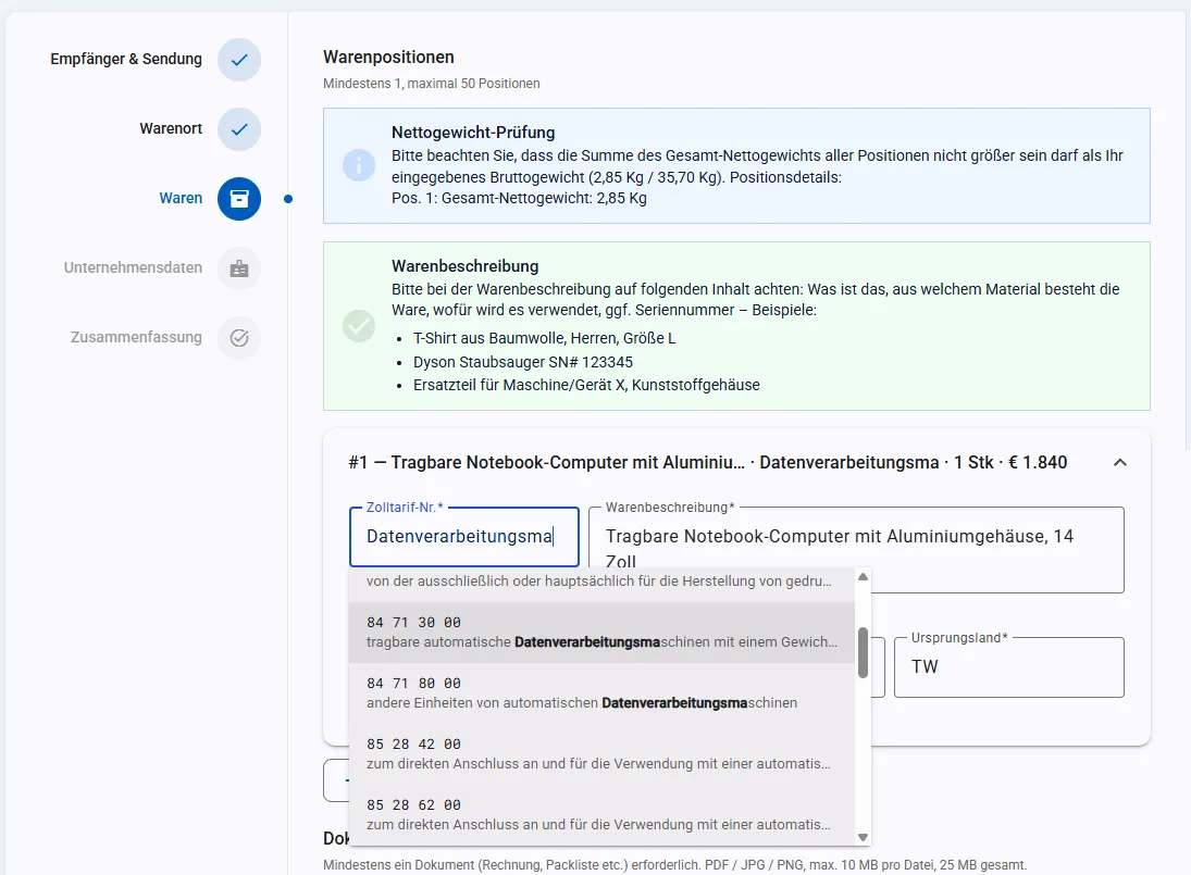 Suche im Warenverzeichnis mit Trefferliste zu Warennummern und amtlichem Wortlaut