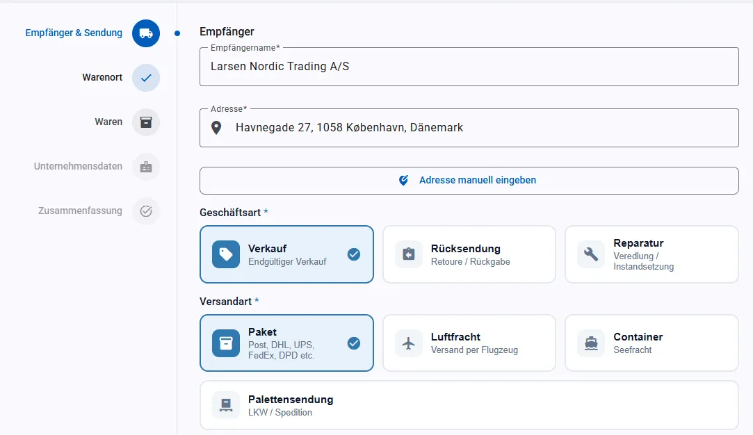 Assistent mit den Schritten Empfänger und Sendung, Warenort, Waren, Unternehmensdaten und Zusammenfassung